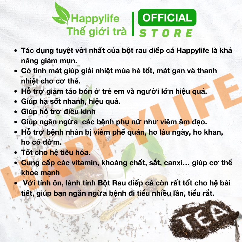 Bột Rau Diếp Cá Nguyên Chất Sấy Lạnh Happylife hộp 500gr - Giảm mụn, đắp mặt đẹp da, chống táo bón, thanh lọc giải nhiệt