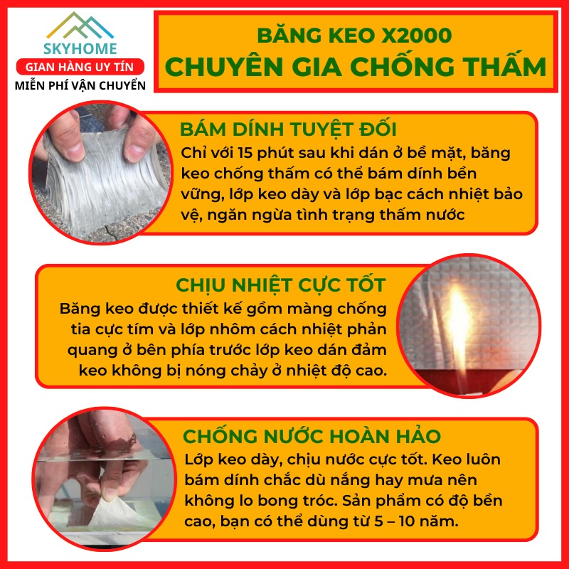 Băng keo chống thấm dột nước siêu dính x2000 Nhật Bản cao su non dán tường mái tôn ống nước thùng xe bạt xe tải SKYHOME