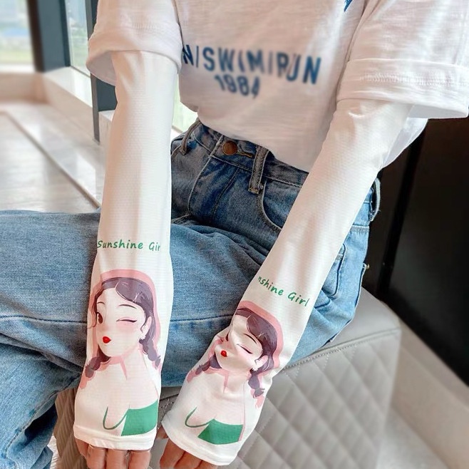 Cặp Găng Tay Lụa Băng Chống Nắng Chống Tia UV Thoáng Khí Chất Lượng Cao Họa Tiết Hoạt Hình Cô Gái Đẹp Thời Trang