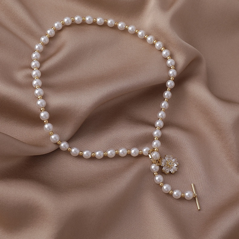 Vòng cổ Mặt Hoa Zircon Ngọc Trai Nước Ngọc Trai Tự Nhiên Thời Trang Mùa Hè OT clasp