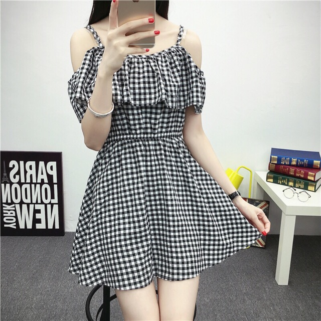 Đầm caro trễ vai | BigBuy360 - bigbuy360.vn