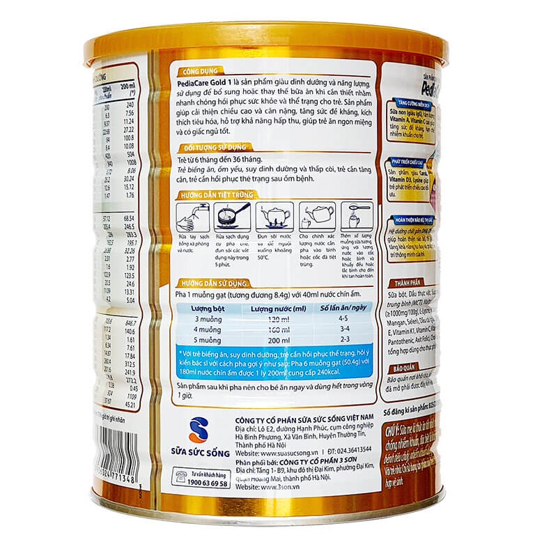 Sữa Pedia Care Gold số 1 Hộp 900g giúp trẻ biếng ăn bắt kịp tốc độ tăng trưởng.