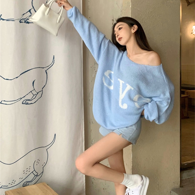 Áo Sweater Dệt Kim Tay Dài Dáng Rộng In Chữ Thời Trang