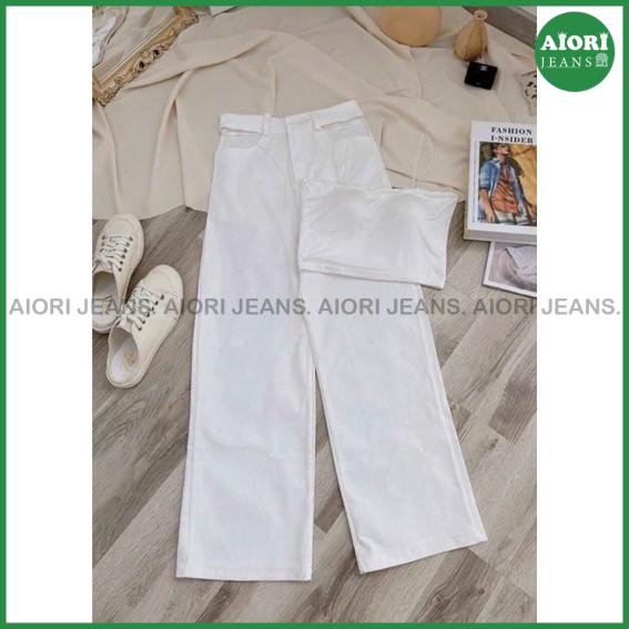 Quần Jeans Nữ Ống Rộng Aiori Cạp Cao Lưng Kiểu Khoét Eo Màu Trắng_Mã 3345