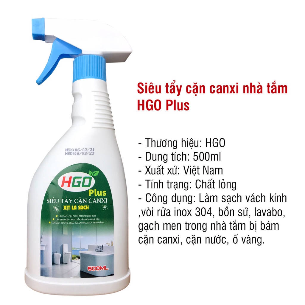 Tẩy cặn canxi, tẩy rửa nhà tắm HGO Plus tẩy vòi inox vách kính bồn sứ gạch men siêu sạch an toàn tiện lợi - 500ML