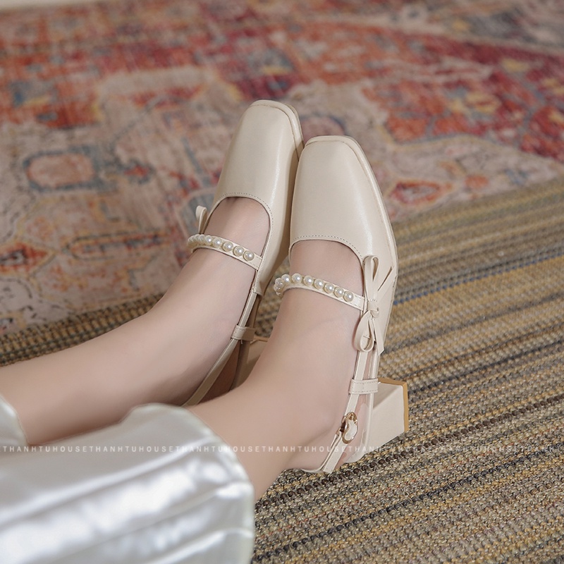 Giày Sandal Nữ Mũi Vuông Cao Gót Phối Nơ Hàn Quốc - ORSA002