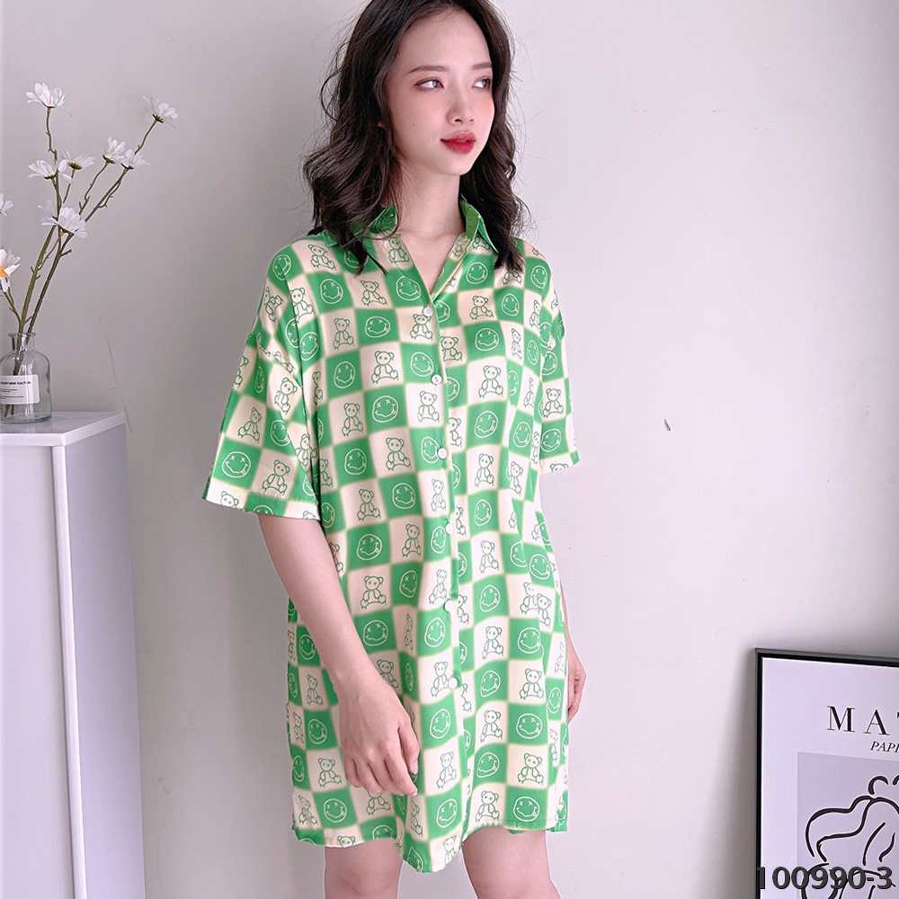 Đầm Ngủ Pyjama MAI SLEEPWEAR Lụa Mặc Nhà Họa tiết Caro Trẻ Trung Cao Cấp MS990