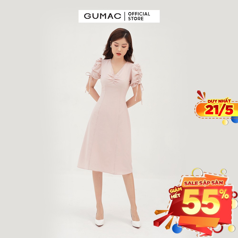 Đầm nữ dáng chữ A nhún ngực và tay GUMAC màu hồng thanh lịch, sang trọng DB322 | BigBuy360 - bigbuy360.vn
