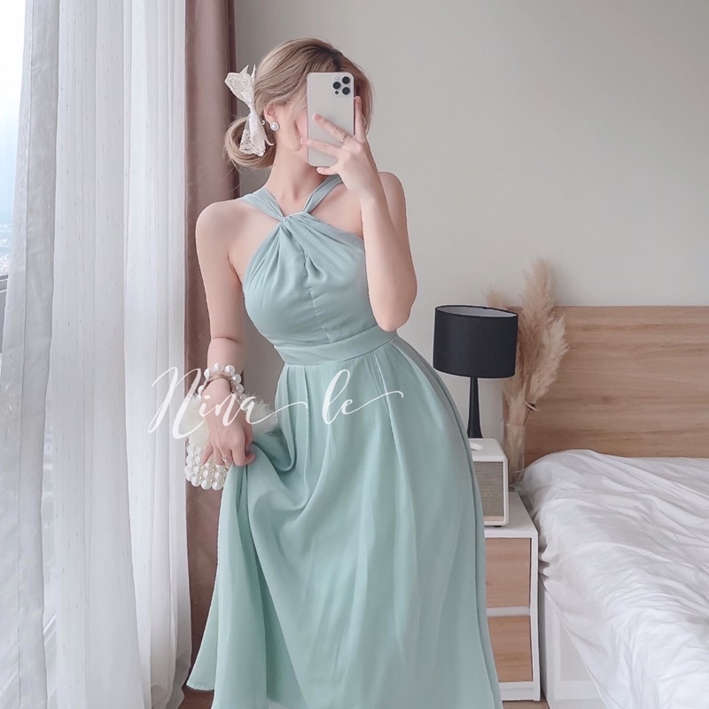 Váy maxi cổ yếm hotgirl vải lụa thướt tha dịu dàng xanh ngọc bích dự tiệc đám cưới