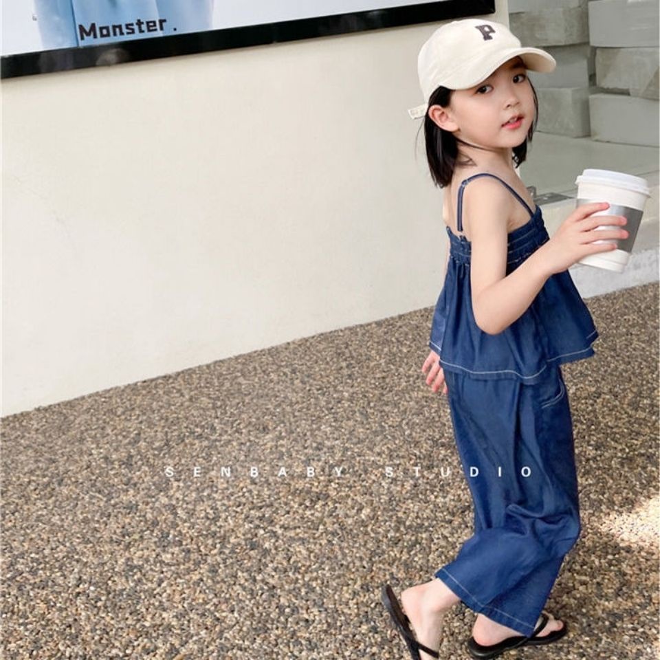 Set Áo Hai Dây + Quần Denim Ống Rộng Thời Trang Mùa Hè Cho Bé Gái