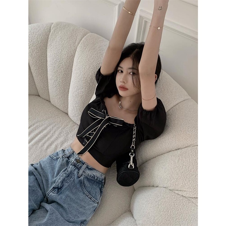 QKOOLE  Áo Croptop Tay Ngắn Màu Đen Phong Cách Hàn Quốc Trẻ Trung Cho Nữ