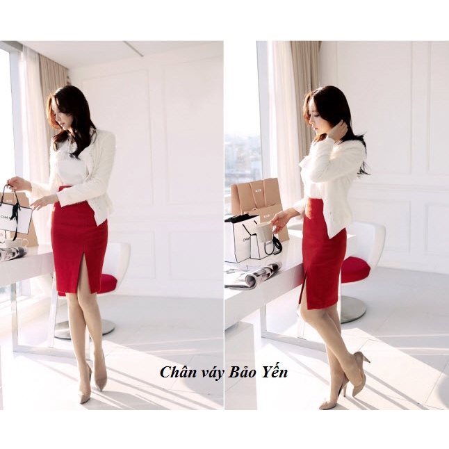 Chân váy bút chì màu đỏ xẻ trước trên gối (sãn size)- M79