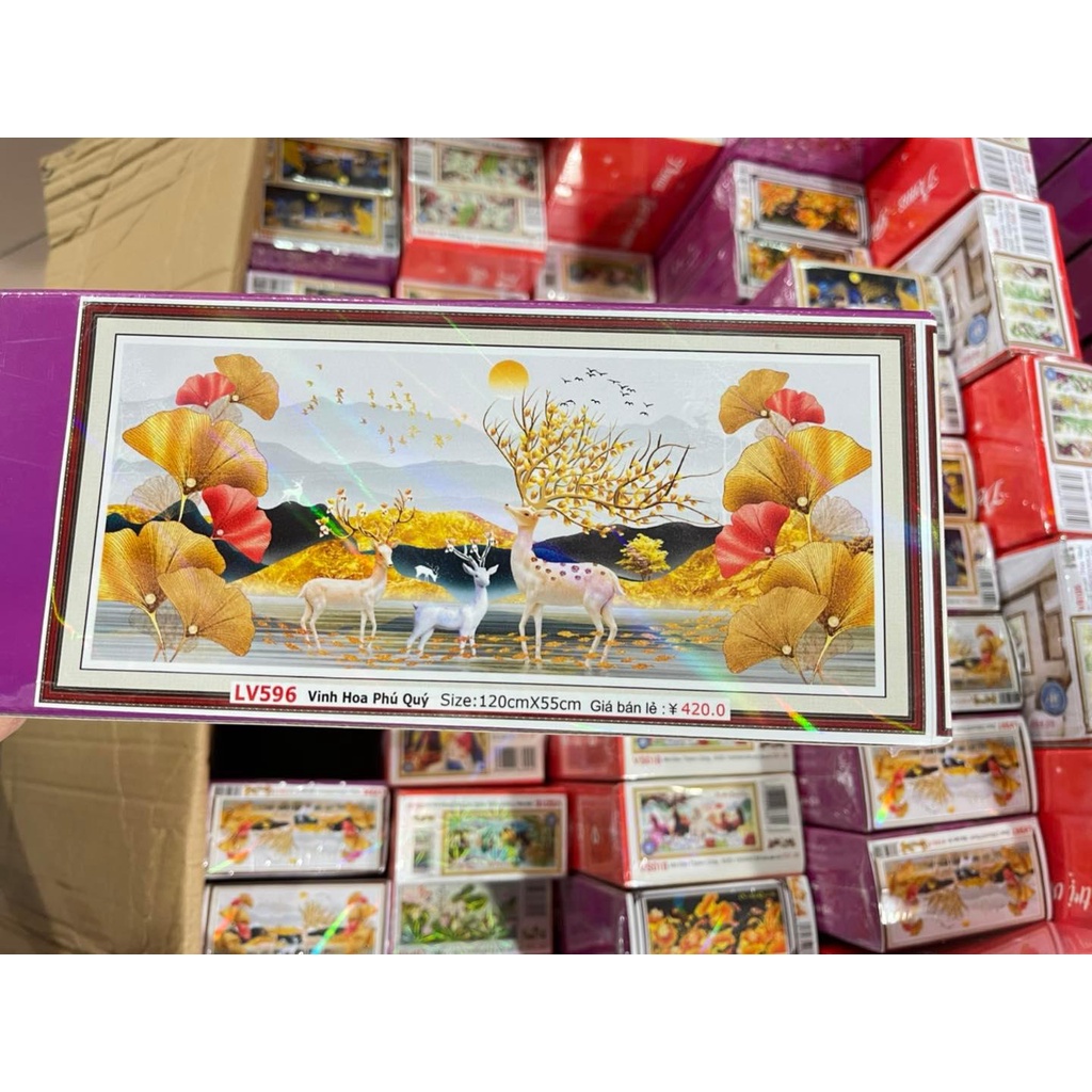 Tranh đính đá Hươu Tài Lộc Phú Quý KT: 120x55cm, 150x70cm. tranh chưa đính đá
