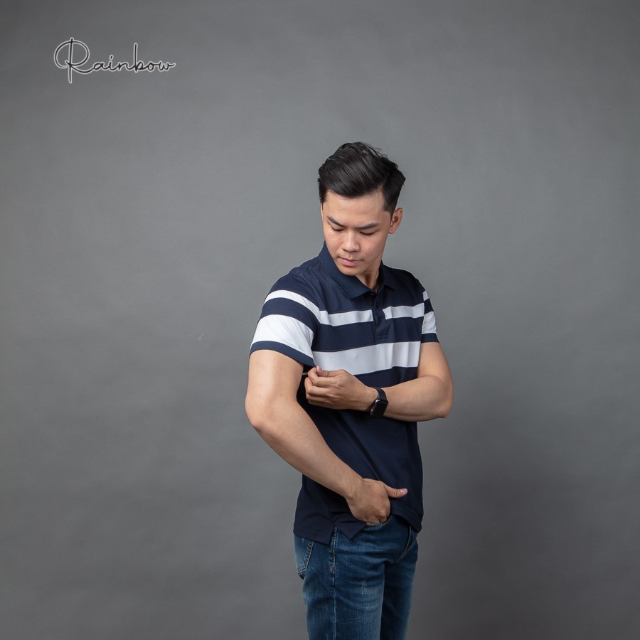 Áo polo nam có cổ chính hãng Rainbow PO003 - Xanh navy phối sọc thân | BigBuy360 - bigbuy360.vn