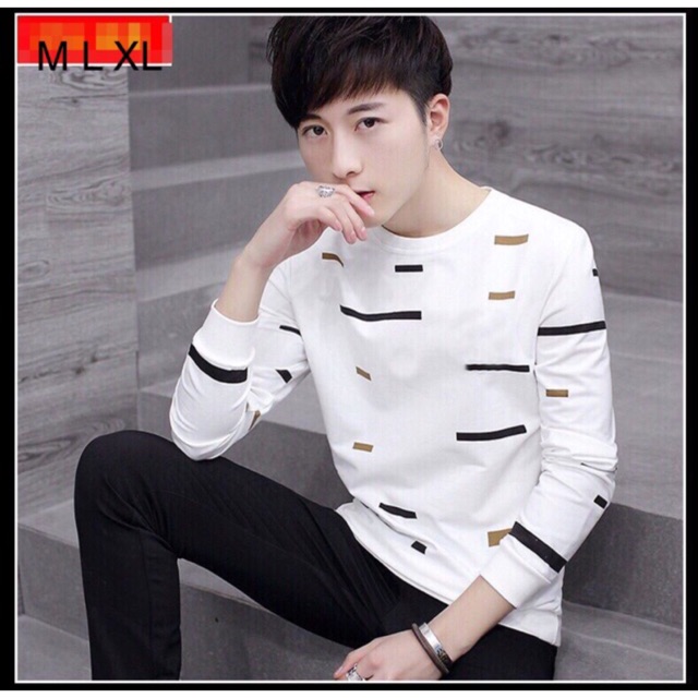 Áo thun dài tay nam Thu Đông hoạ tiết phối thời trang - cá tính - TRẮNG -atdt323