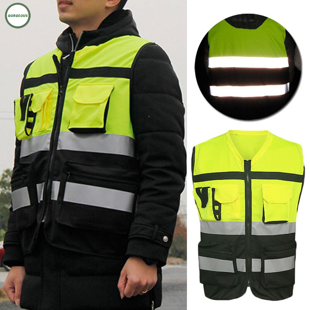 Men Women Reflective Pocket Zipper Sleeveless Traffic Safety Protective Vest Top