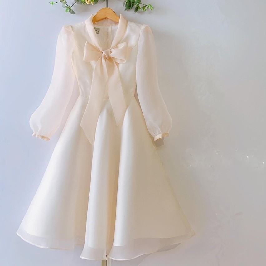 Đầm dự tiệc buộc nơ cổ dáng xòe sang trọng bậc nhất [KÈM ẢNH THẬT]