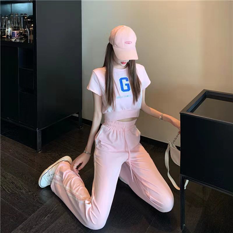 Summer leisure sports suit women's summer new open navel short top + two-piece set of high waist and wide leg pants