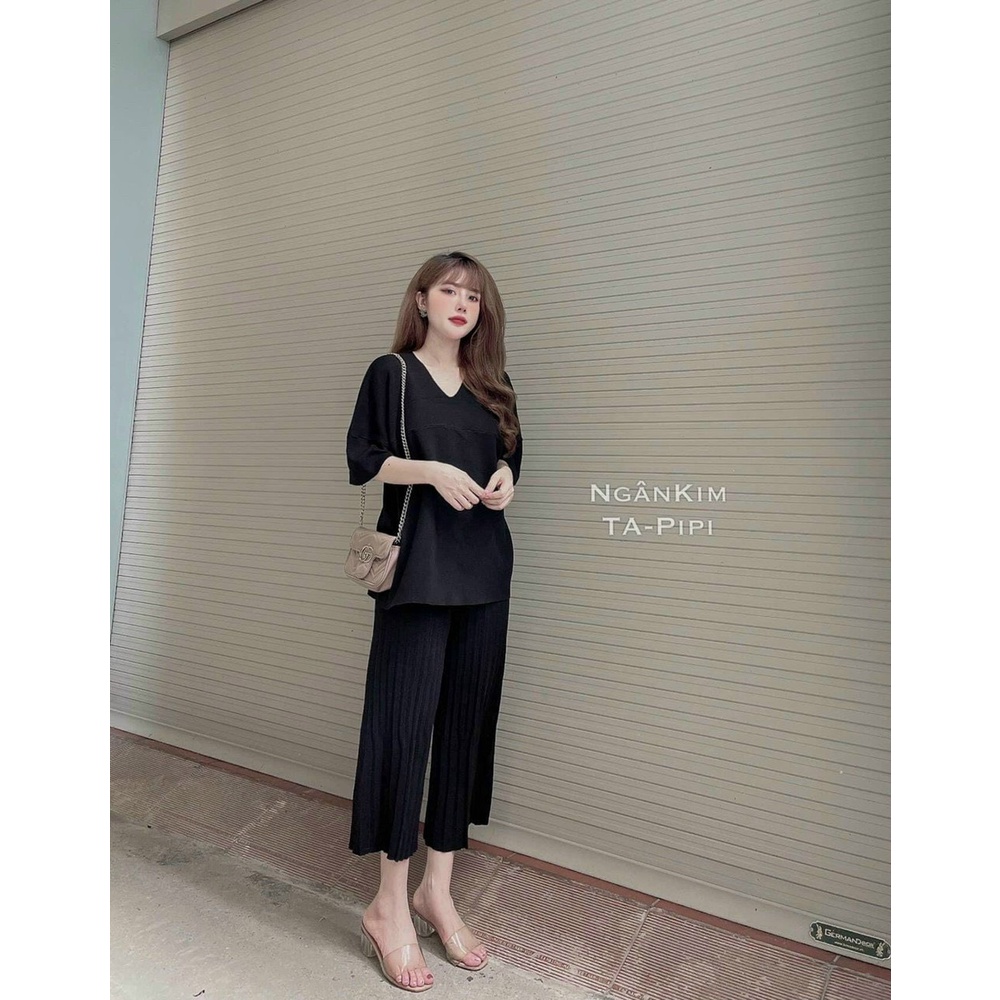 Set bộ len tay lỡ quần dập ly ống suông hàng QC cực đẹp