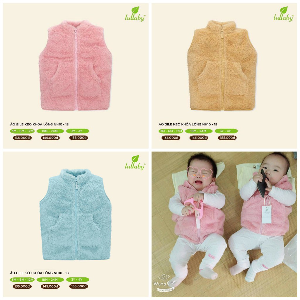 Áo gile lông cừu  khóa kéo không rụng lông hãng LULLABY cho bé trai bé gái ảnh thật