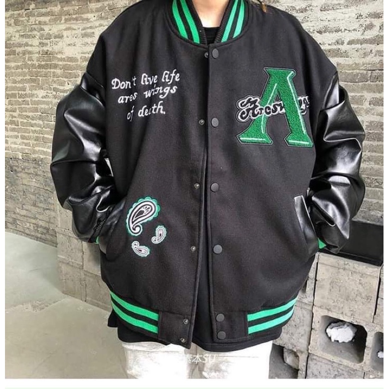 Áo khoác bomber tay da phối chữ A mặt nạ TC12