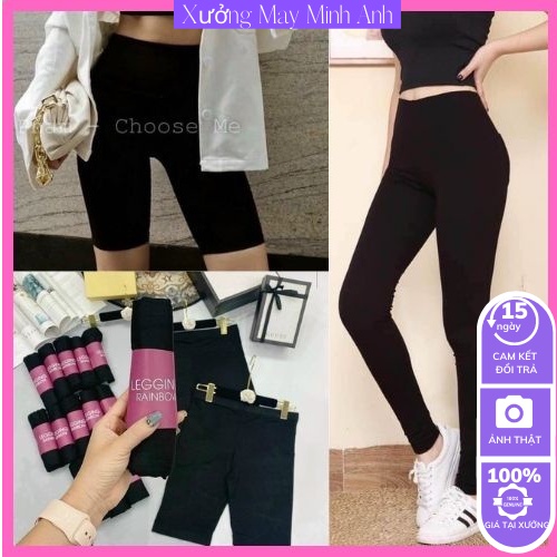 Quần Legging Lửng Ngố Đùi Nữ Cạp Chun Bản To Vải Thun Màu Đen Chất Dày Dặn Form Ôm Ngắn Siêu Đẹp 606