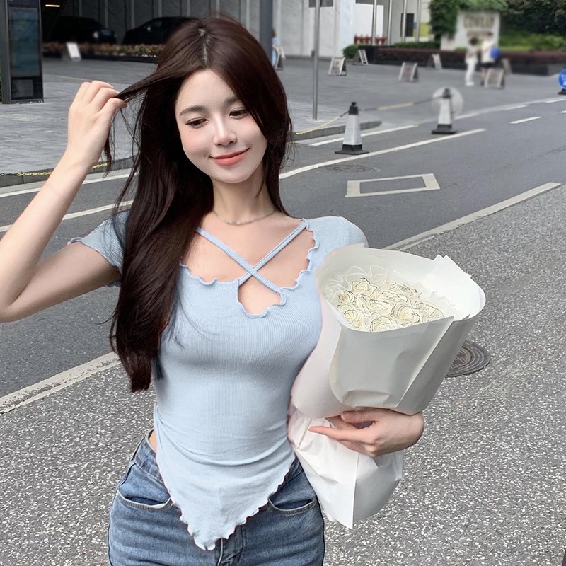 Áo Thun Dệt Kim Tay Ngắn Màu Sắc Đơn Giản Phong Cách Hàn Quốc Thời Trang Cho Nữ