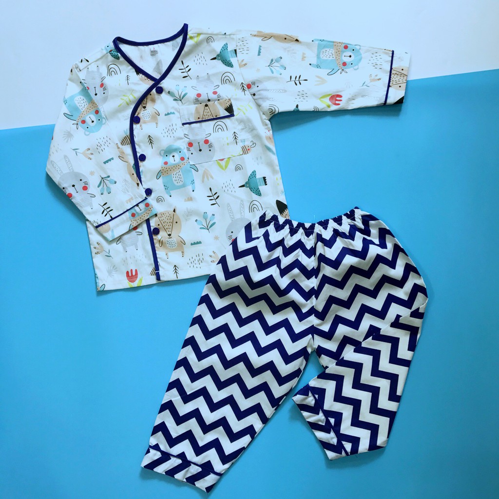 Pijama tay dài quần dài cho bé vải thô cotton hút mồ hôi size 10-45kg