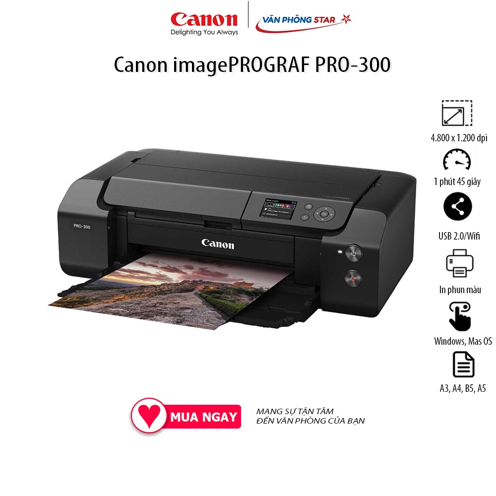 Máy in phun màu Khổ A3 Canon imagePROGRAF PRO-300 Độ phân giải 4.800 x 1.200 dpi Tốc độ in 1 phút 45s kết nối USB WIFI