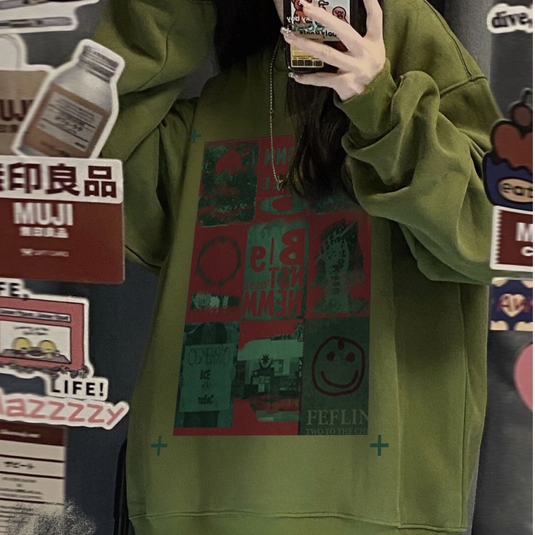 ZHELIHANGFEI Áo Thun Tay Dài Cổ Tròn Form Rộng Họa Tiết In Theo Phong Cách Retro