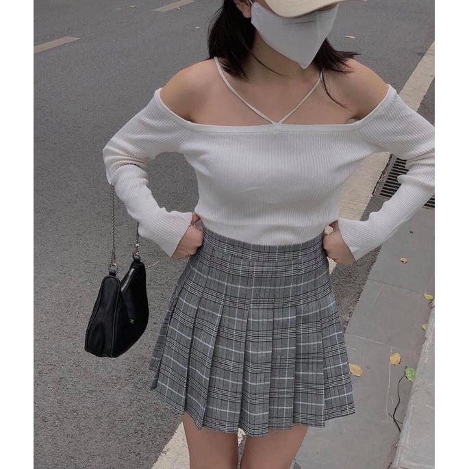 Áo Tay Dài Trễ Vai Dây Chéo Chất Gân Dày Dặn