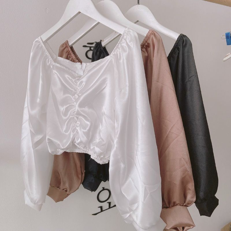 Áo trễ vai croptop tay bồng trễ vai phi lụa tiểu thư
