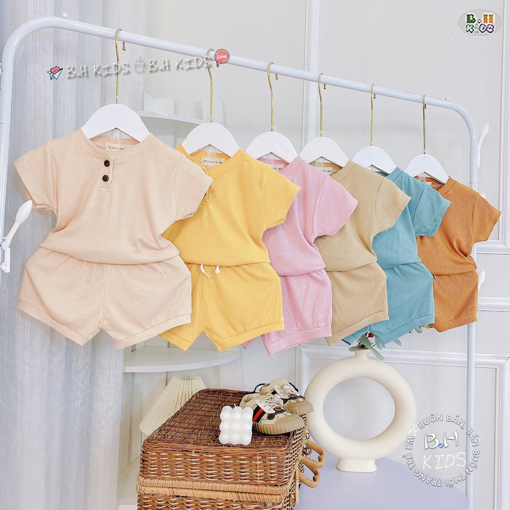 Bộ cộc tay cúc cổ minky mom thun tăm xuất hàn BBT34