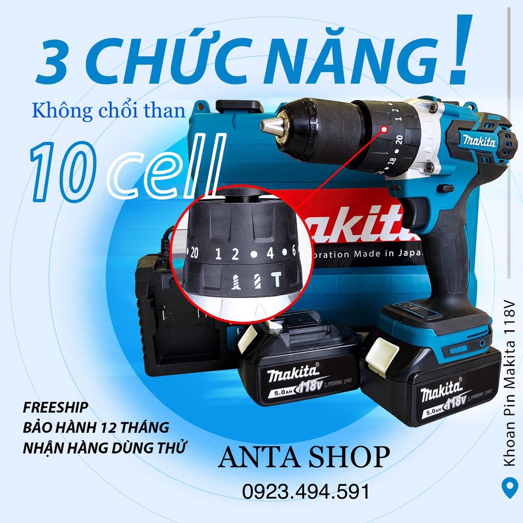 SIÊU KHỎE!!!!Máy Khoan Pin Makita 118V 3 Chức Năng, Loại Không Chổi Than