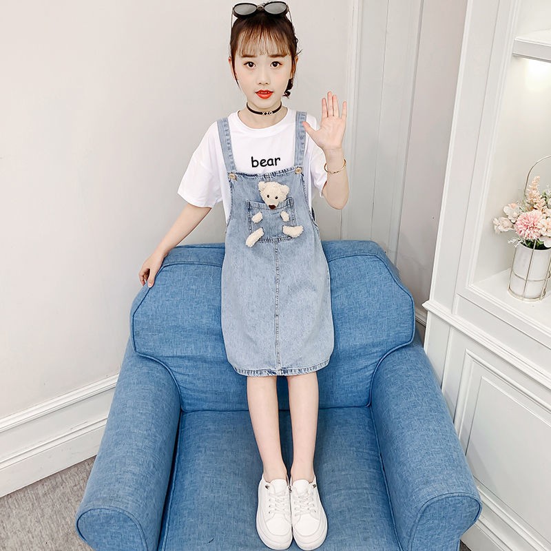 Set Áo Thun Ngắn Tay + Đầm Yếm denim Thời Trang Hàn Quốc Cho Bé Gái