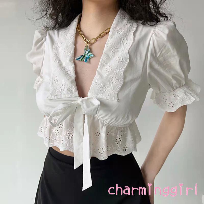 Áo Croptop Tay Phồng Cổ Chữ V Màu Trơn Phối Bèo Thời Trang Cho Nữ
