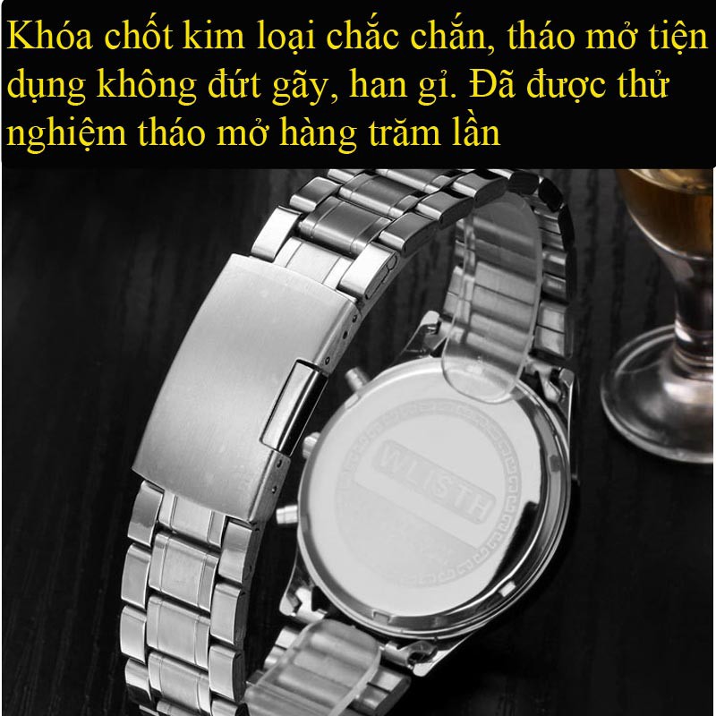 Đồng hồ nam đẹp chạy pin Wlisth cao cấp chính hãng giá rẻ mặt tròn đeo tay dây kim loại.
