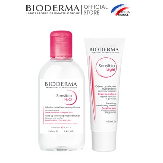 Bộ đôi nước tẩy trang làm sạch micellar cho da nhạy cảm Bioderma Sensibio H2O 250ml và kem dưỡng Sensibio Light 40ml