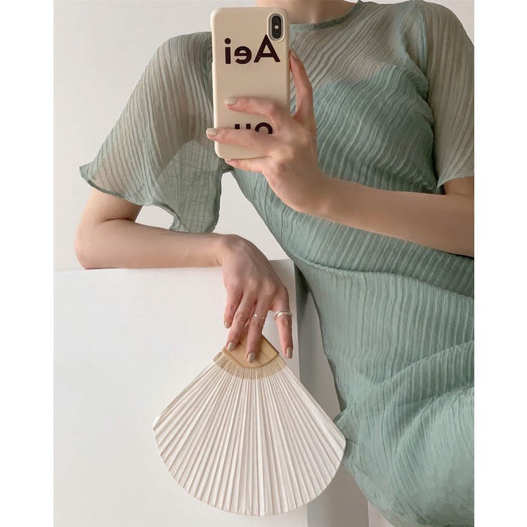 Đầm, váy nữ dáng dài 2 lớp tay ngắn xếp ly màu xanh bạc hà thời trang mùa hè mới nhất VDA1