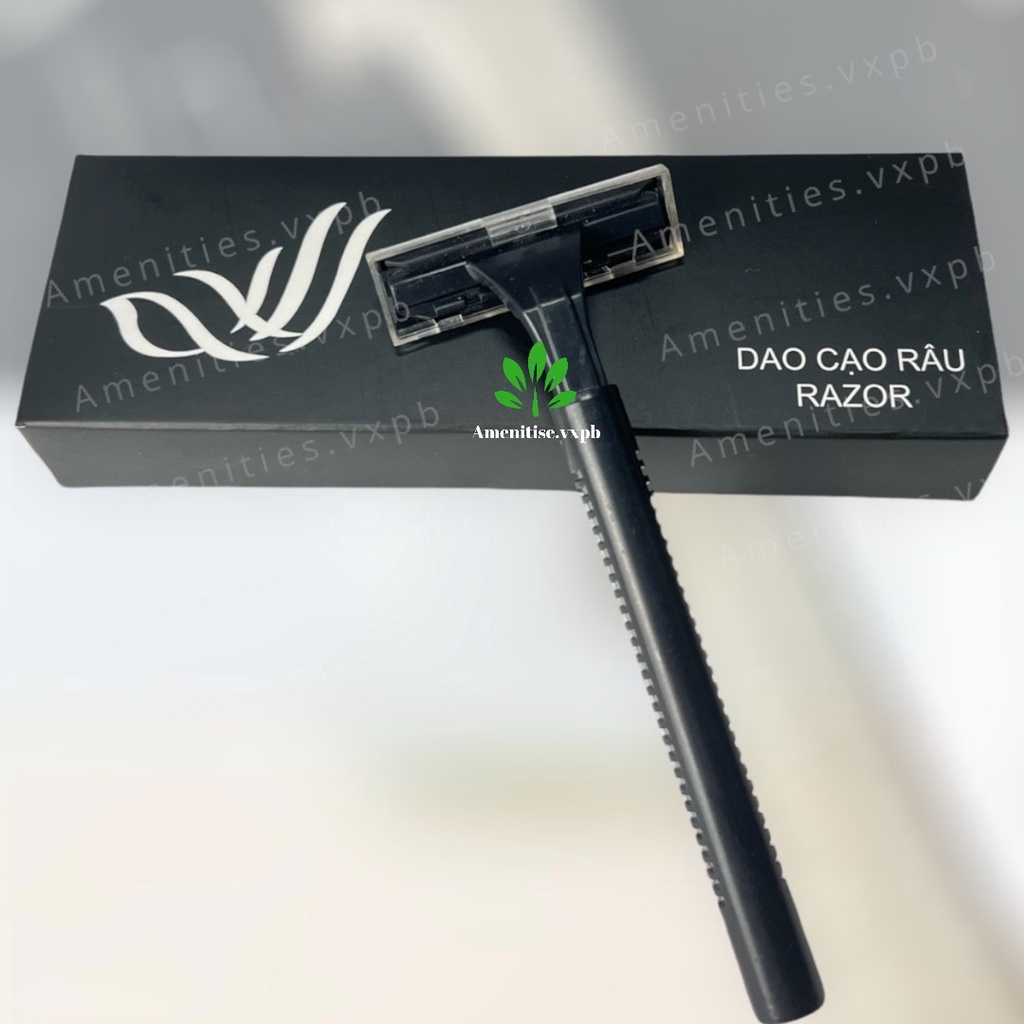 Combo 100 dao cạo râu cán nhựa đen hộp cánh chim cho khách sạn, resort, homestay,villa logo