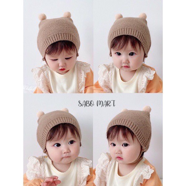 Mũ Len Tai Bông Có Dây Buộc Kiểu Dáng Hàn Quốc Xinh Yêu Cho Bé 3-24 tháng - SABOMART
