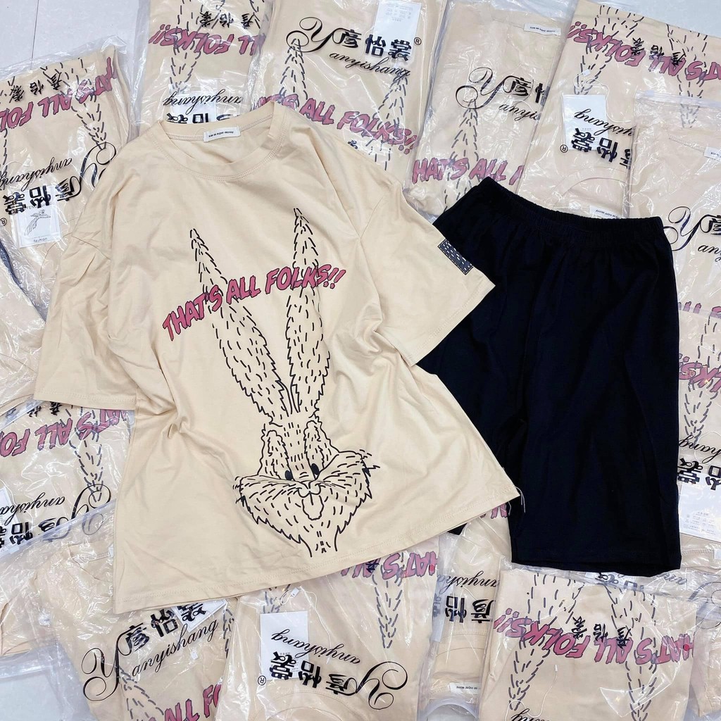 Bộ cotton nữ, ÁO NGẮN TAY VÀ QUẦN NGỐ, họa tiết con thỏ | BigBuy360 - bigbuy360.vn