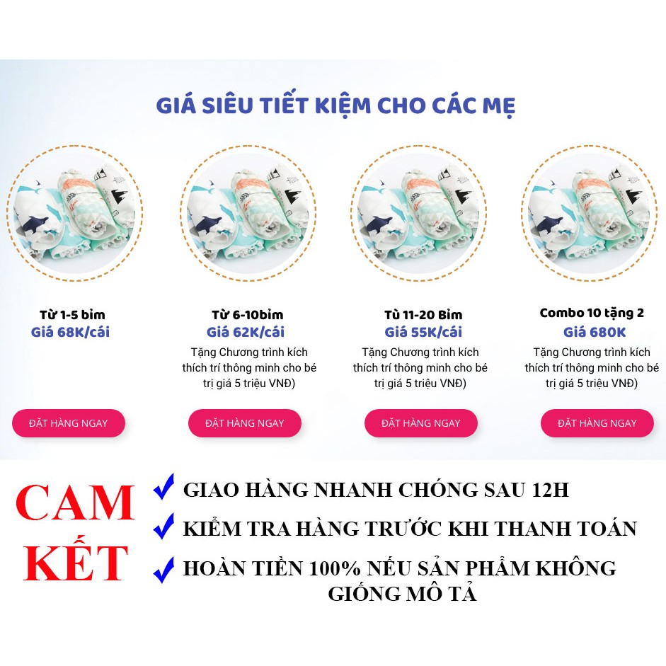 Combo mua 10 tặng 2 - Loại 4 lớp vải thấm - Bỉm Vải chống hăm Mommykids Ban ngày FreeSize dùng cho bé từ 1-24 tháng tuổi