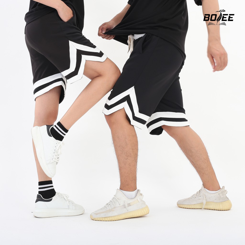 Quần short 2V Đen form rộng thể thao vải thun unisex nam nữ