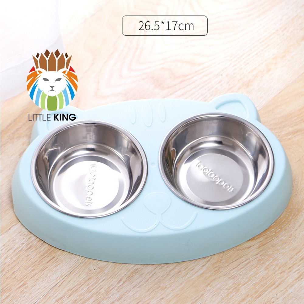 Bát ăn đôi inox hình mặt mèo cho chó mèo, thú cưng chất liệu nhựa PP và inox không gỉ Little King pet shop