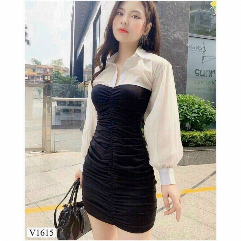 Đầm umi phối voan cổ áo sơ mi thanh lịch