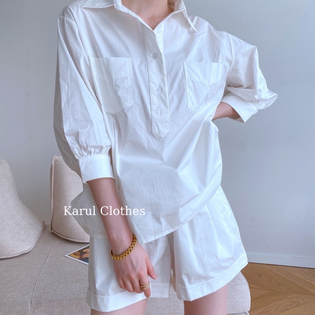 Sét bộ sơ mi nữ  phối quấn shorts màu  trắng chất đũi mát , sét áo sơ mi và quàn đùi trắng đi biển