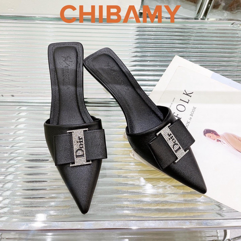Giày Sục cao gót nữ Doir mũi nhọn 5cm đính nơ da CHIBAMY Sang Chảnh