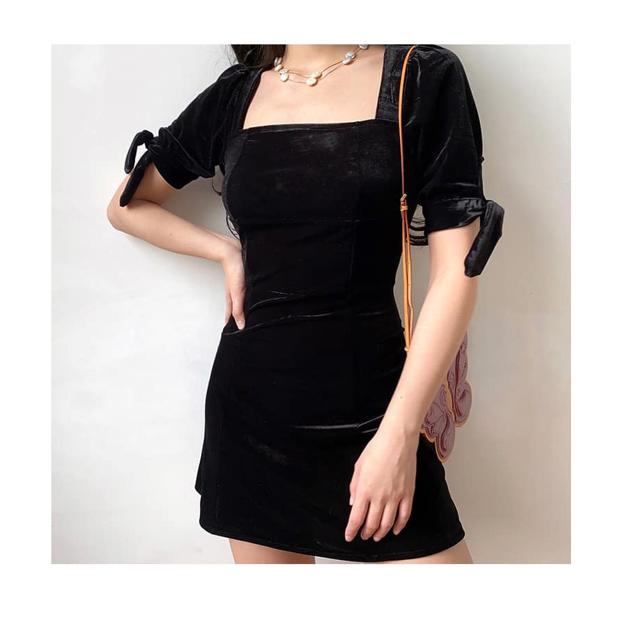 ĐẦM NHUNG CỔ VUÔNG tay thắt nơ tùng váy chữ A xòe nhẹ