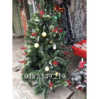 Cây thông noel 3 loại lá gắn trái đỏ 90cm + tặng kèm phụ kiện trang trí